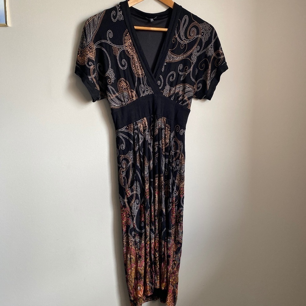 Le Chateau Short Sleeve Maxi Dress Black Boho Print Size XXS‎